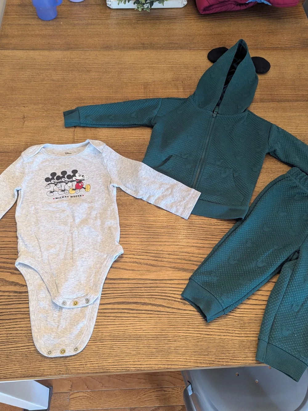 EUC Disney Jumping Beans Baby Boy 18 Month Mickey Mouse Bodysuit Zip Hoodie Pant